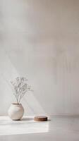 Minimalist Interior with Ceramic Vase and Wooden Accent in Sunlit Room photo