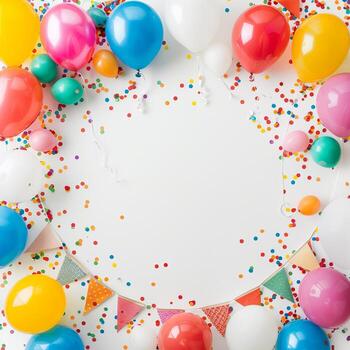 A colorful party scene with balloons and confetti photo