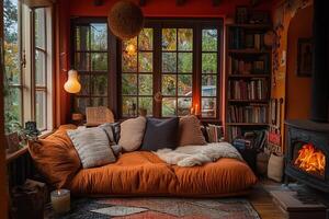 Cozy Rustic Living Room with Warm Lighting and Comfortable Sofa by a Wood-Burning Stove photo
