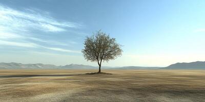 Lone Tree in Vast Desert Landscape Under Clear Blue Sky with Distant Mountains and Gentle Clouds photo
