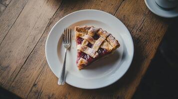 Delicious Slice of Homemade Cherry Pie on Rustic Wooden Table with Fork and White Plate photo