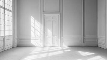 A white room with a door and windows photo