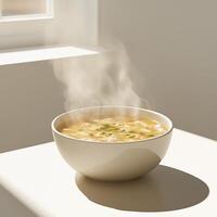 A bowl of soup is sitting on a table with steam rising from it photo