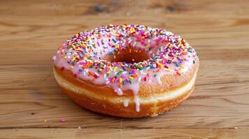 Delicious Pink Frosted Donut with Colorful Sprinkles on Wooden Table photo