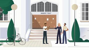 Illustration of People Socializing in Front of a Stylish Building vector