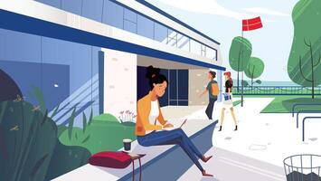 Landscape view of a university with students walking and sitting on the grass at a campus vector