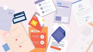 Workplace Desktop background. Top view of table, laptop documents, notepad vector