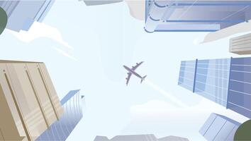 Sky view of a plane through a city vector