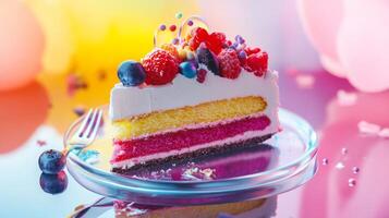Colorful Slice of Layered Cake with Berries and Cream on Glass Plate photo
