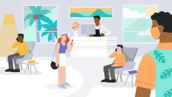 The receptionist and customer are in the hotel lobby hall vector