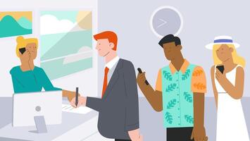 Reception service. The receptionist and customer are in the hotel lobby hall vector