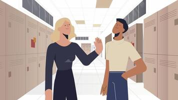 Friendly Conversation Between Two People in a Modern School Hallway Scene vector