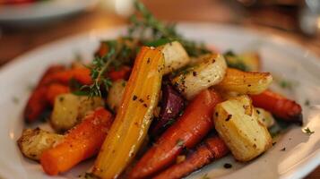 Clean lines and subdued colors highlight a plate of roasted vegetables photo