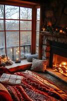 A cozy living room with a fireplace and a window overlooking a forest photo