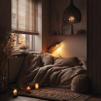 Cozy Bedroom Interior with Warm Lighting, Soft Textiles, and Rustic Decor Elements photo