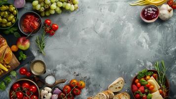 A table with a variety of fruits and vegetables, including apples, grapes photo