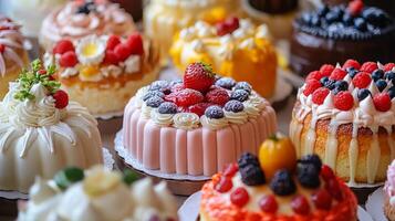 Assorted Colorful Cakes with Fresh Fruits photo