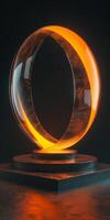 Futuristic Glowing Orange Ring Sculpture on Dark Background with Reflective Surfaces photo