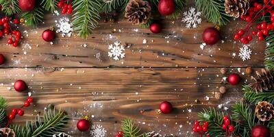 A wooden background with red and white snowflakes and red and white berries photo