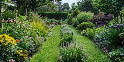 Lush Green Garden Pathway Surrounded by Vibrant Flowers photo
