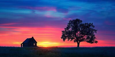 Stunning Sunset Over Countryside with Silhouetted Tree and Rustic Cabin Against Vibrant Sky photo