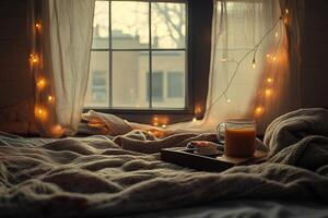 Cozy Bedroom Interior with Warm Lighting and Breakfast Tray on a Bed photo