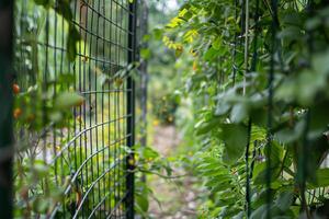 Lush Green Garden Pathway with Metal Fence and Vibrant Foliage photo