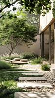 Modern Minimalist Garden with Stone Pathway and Lush Greenery in Sunlit Backyard photo