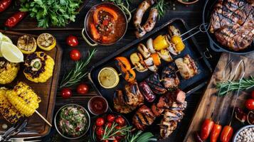 Overhead shot of a barbecue spread with grilled meats and veggies photo