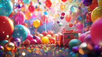 A colorful room with many balloons and a red box photo