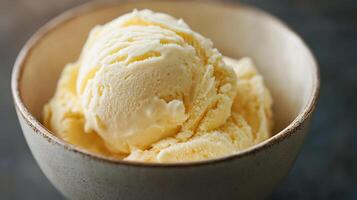 Creamy Vanilla Ice Cream in Rustic Bowl on Wooden Table photo