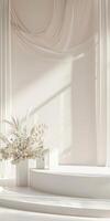 Elegant Minimalist Interior with Soft Drapes and Floral Arrangement photo