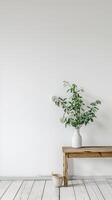 Minimalist Interior with Wooden Bench and White Vase photo