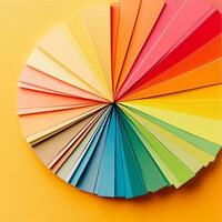 Colorful Paper Fan Spread in Circular Pattern on Vibrant Yellow Background photo