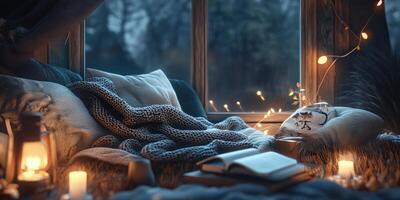 Cozy Reading Nook with Warm Blankets and Soft Lighting by a Window Overlooking a Serene Forest photo
