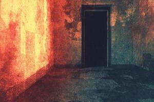 Mysterious Abandoned Room with Distressed Walls and Dark Doorway in Warm Red Light photo