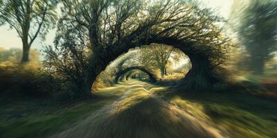 Enchanting Forest Pathway with Natural Tree Archway in Sunlit Woodland photo
