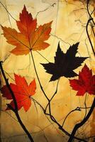 A painting of four leaves, two of which are black and two of which are red photo