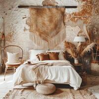 Boho-chic woven tapestry on a wall backdrop, adding texture and warmth to the decor. photo
