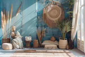 Coastal-boho display stage decorated with coastal and bohemian decor photo