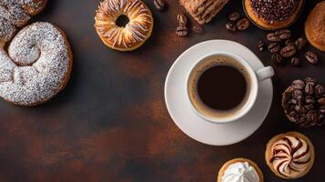 Delicious Coffee and Assorted Pastries on Rustic Table photo