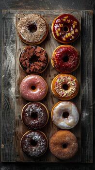Assorted Gourmet Donuts on Rustic Wooden Board with Various Toppings photo
