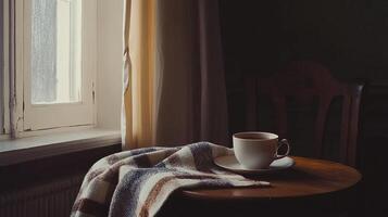 acogedor Mañana escena con un taza de café en un de madera mesa por un iluminado por el sol ventana con un calentar cobija foto
