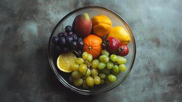 Fresh and Vibrant Assorted Fruits in Glass Bowl on Rustic Background photo