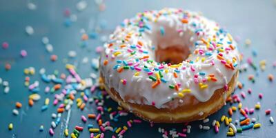 Delicious Glazed Donut with Colorful Sprinkles on Blue Background photo
