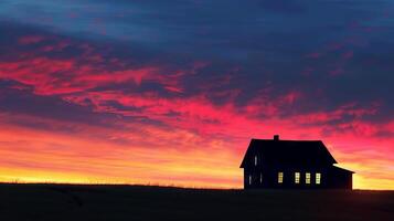 A house is in the middle of a field with a beautiful sunset in the background photo