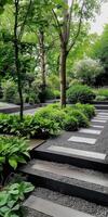 Modern Zen Garden with Stone Pathway and Lush Greenery photo
