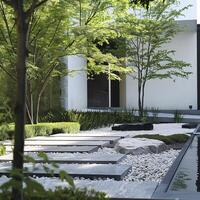 Modern Zen Garden with Minimalist Design and Lush Greenery photo