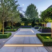 Modern Minimalist Garden with Geometric Pathways and Ambient Lighting at Dusk photo