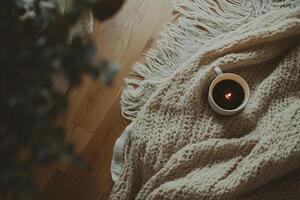 Cozy Morning Scene with a Warm Knit Blanket and Coffee Cup on Wooden Floor in Soft Natural Light photo